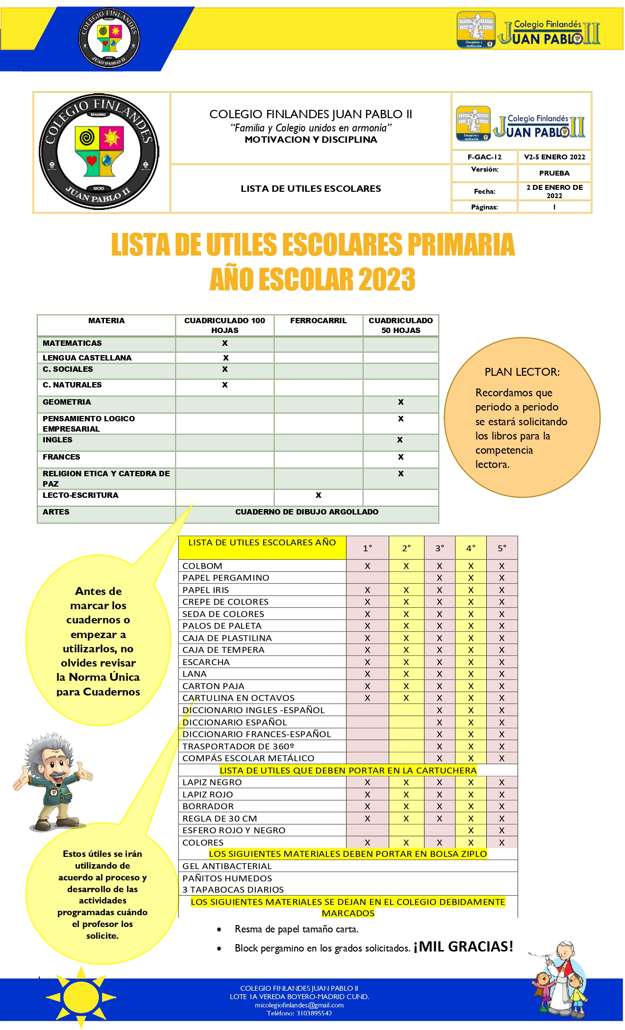 LISTAS DE UTILES ESCOLARES 2023 COLEGIO FINLANDES JUAN PABLO II